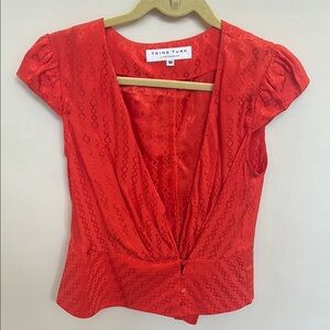 Trina Turk Red V Neck Blouse with Cap Sleeves